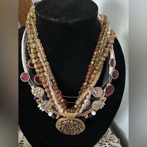 Earth-Tone Beaded Statement Necklace w/Gold Medallion + 2 more